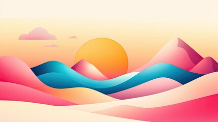 Ink abstract background concept. A vibrant, abstract landscape featuring colorful hills and a setting sun.