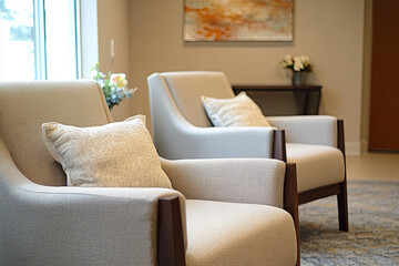 Therapy room setup with comfortable chairs, welcoming and supportive environment