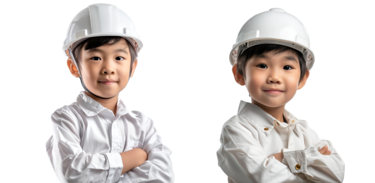 Portrait of child wearing white helmet on white background