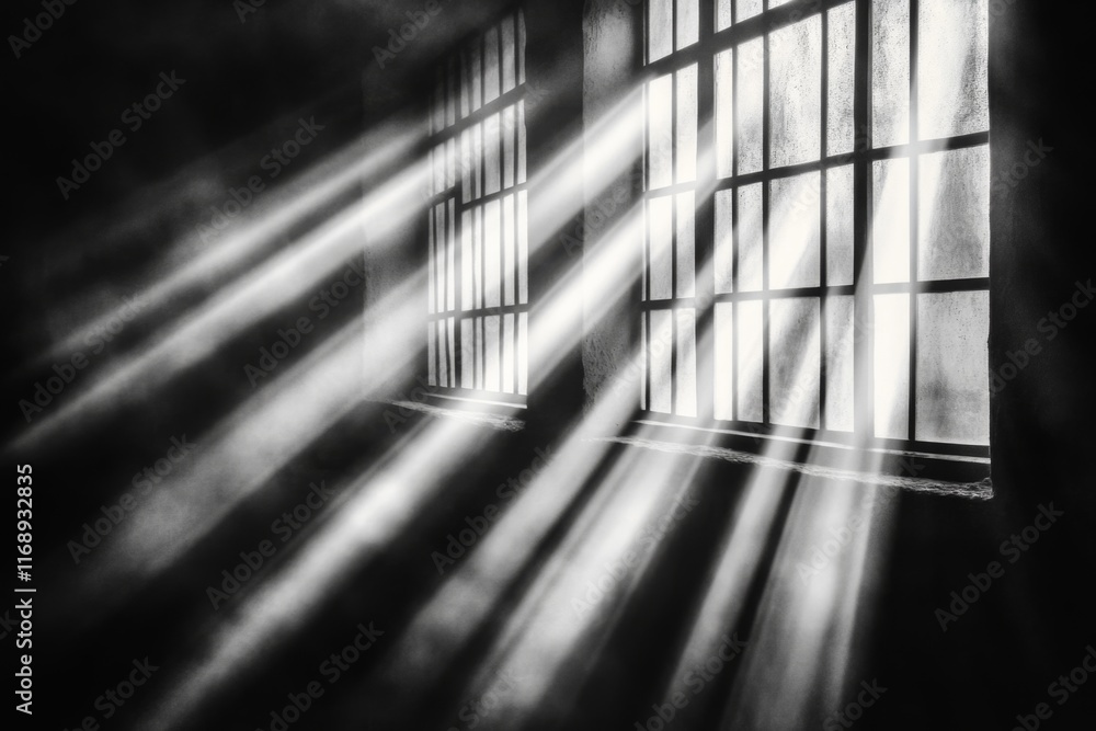 Leinwandbilder A flat design of a barred window with light streaming through, drawn in soft grayscale tones
