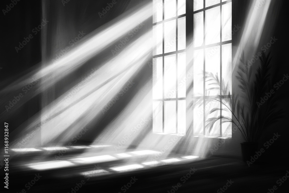 Aufkleber a flat design of a barred window with light streaming through, drawn in soft grayscale tones
