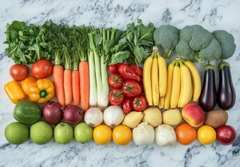 Fresh and Colorful Variety of Vegetables and Fruits Arranged on Marble Surface Showcasing Healthy Eating and Organic Lifestyle Choices for Culinary Inspiration