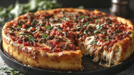 Deep Dish Pizza with Melted Cheese and Toppings