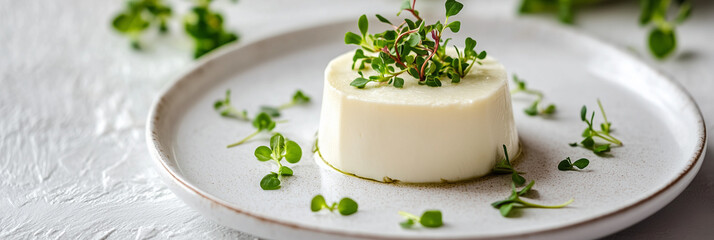 Elegant panna cotta dessert with fresh microgreens on rustic plate
