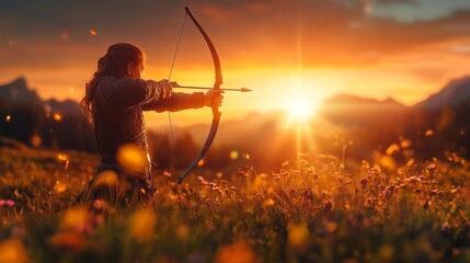 Archer Aiming Bow in a Field at Sunset. Generative AI