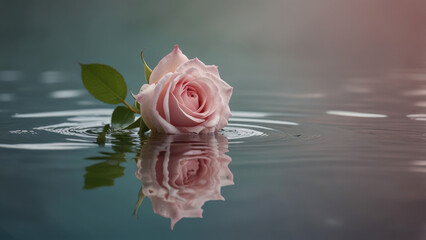 Single Pink Rose Floating on Calm Water with Gentle Reflection