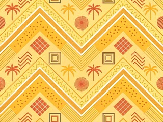 Vibrant geometric pattern with tropical motifs in yellow tones