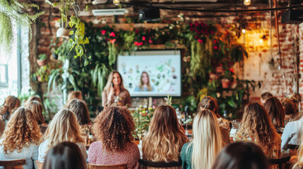 Empowered women attending workshop in lush, green environment