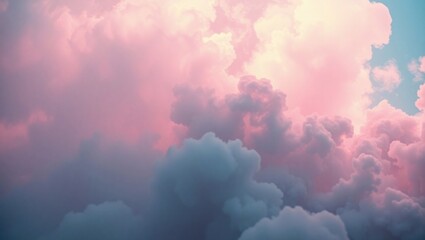 Fototapeta premium Pink cumulus clouds. Fantastic cumulus colored clouds. Horizontal background. Colored smoke in the sky