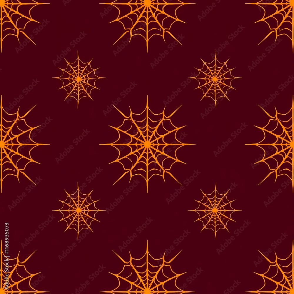 Poster spooky spiderweb pattern: a seamless pattern featuring intricately detailed orange spiderwebs on a d