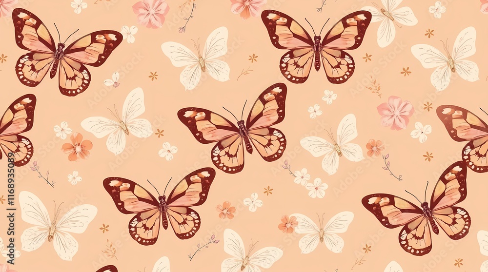 Poster delicate butterfly pattern: a charming, seamless pattern featuring delicate butterflies and tiny blo