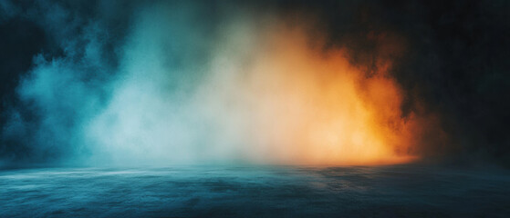 Vibrant gradient blending black into teal, cyan, and orange creates stunning visual effect, evoking sense of mystery and depth