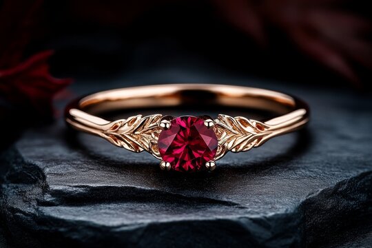 A haunting image of a ruby ring with intricate filigree details, placed on an aged stone surface with dramatic shadows
