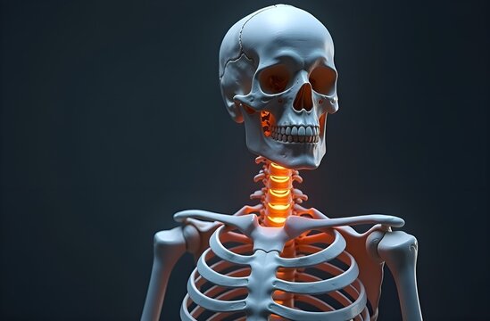 Human skeleton showing cervical spine and rib cage anatomy