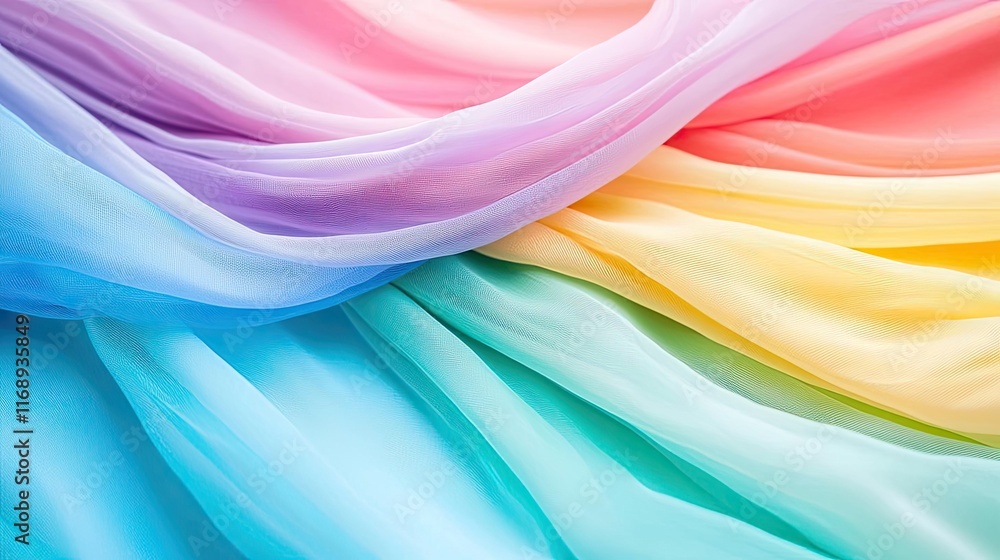 Poster Rainbow abstract background concept. Colorful translucent fabric flowing in gentle waves, creating a serene and artistic display.