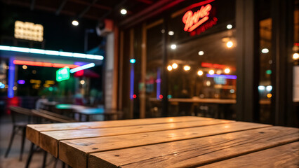 Close-Up of Wooden Table with Neon Lights and Blurred Bokeh Background