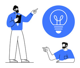 Two men in blue shirts point towards a light bulb, symbolizing ideas and innovation. Ideal for presentations, brainstorming, teamwork, education, creativity, leadership communication. Represents