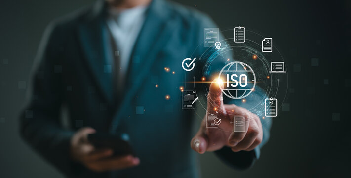 ISO standards quality control, Certification and standardization process, iso certified business, conformity to international standards and quality assurance concept. Person touching certificate icon