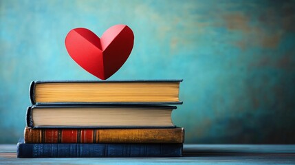 A minimalist composition featuring a vibrant red heart on neatly stacked books, perfect for promoting reading, literacy events, or Valentine's Day.