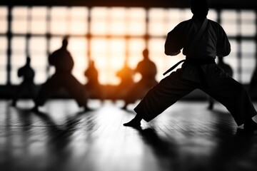 A karate dojo scene with students practicing kata, their movements synchronized and focused
