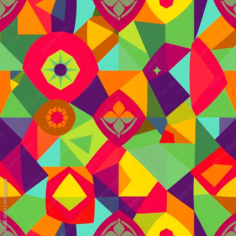 Poster vibrant geometric mosaic: a kaleidoscope of color and form, this seamless pattern explodes with vibr