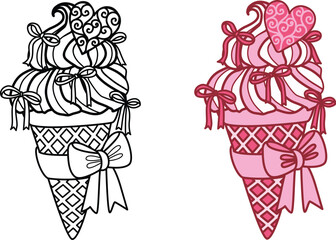 Line art drawing bow ribbons around pink ice cream cone, clipart coquette aesthetic for design element or coloring page. Vector illustration.