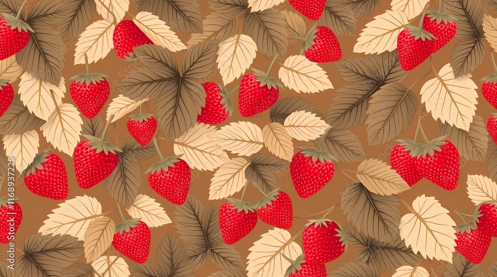Poster strawberry delight: a seamless pattern of vibrant red strawberries and delicate leaves on a warm bro