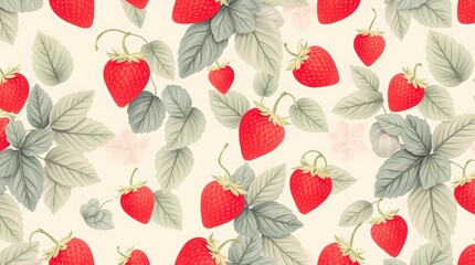 Strawberry Delight: A whimsical and delightful seamless pattern featuring fresh, juicy strawberries with delicate leaves, perfect for adding a touch of summer sweetness to any design project.