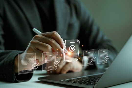 service guarantee, Validation concept for business process automation, quality assurance management, certification, digital transformation. businessman show checked icon on virtual screen.