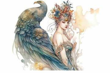 a woman with a fantastic image, reminiscent of a mythological or fairy-tale figure.  