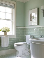 Elegant Green Bathroom With White Fixtures And Decor