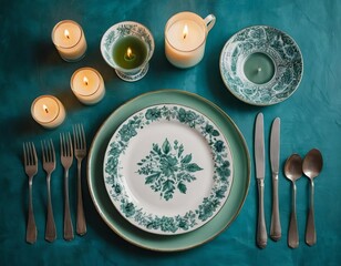 A table set with a blue and green color scheme, complete with plates, silverware, napkins, and tea candles