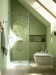 Modern Green Bathroom With Shower And Wall Hung Toilet