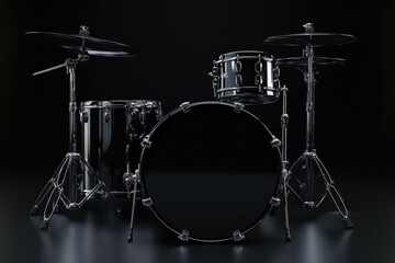 Sleek black drum kit, cymbals, and hardware. Perfect for music, band, or concert themes.