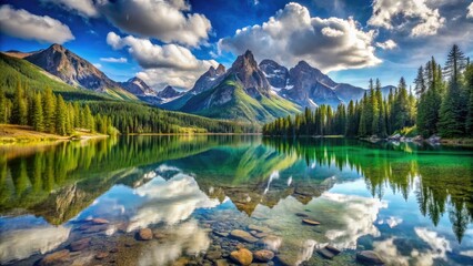 Fototapeta premium High-resolution nature photography captures a serene mountain lakeâ€™s panoramic beauty, showcasing crystal-clear water and deep depth of field.