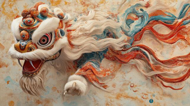 Lion Dance Performance: A dynamic shot of a traditional lion dance, capturing the vibrant colors and intricate details of the costume mid-action, with an enthusiastic audience and festive decorations 