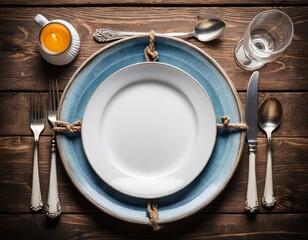 A table setting with a rustic, nautical theme on a wooden background with copyspace for text
