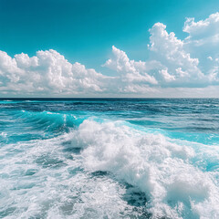 Fototapeta premium Colorful Ocean Wave. Sea water in crest shape. Sunset light and beautiful clouds on background 