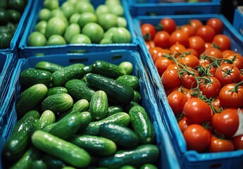 Fresh and Vibrant Display of Green Cucumbers and Red Tomatoes in Blue Baskets at a Local Farmer's Market for Healthy Eating and Nutrition Promotion