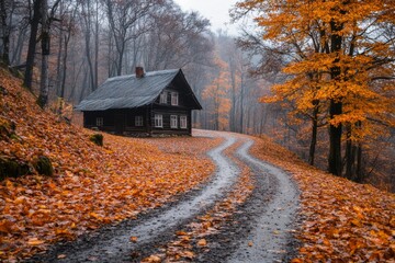 Fototapeta premium A rustic izba during autumn, with leaves in shades of orange and yellow carpeting the ground around it
