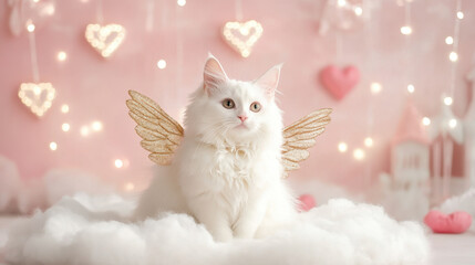 Whimsical White Cat Dressed as Cupid with Wings