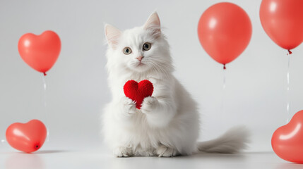 Cute White Cat Holding Plush Heart Toy