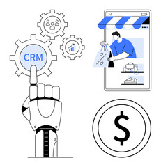 Robotic arm pointing at CRM gear cog with icons for customer data and growth. E-commerce scene in mobile. Ideal for business automation, retail innovation, CRM systems, technology integration