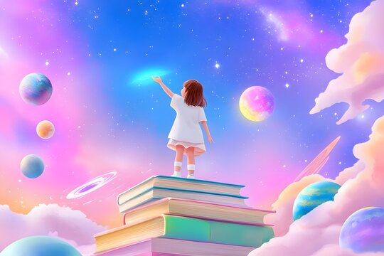 A whimsical watercolor illustration of an enchanting young girl standing atop a stack of books, reaching out to touch the sky above her head. The background is filled with vibrant colors
