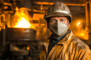 Fototapeta premium Worker in gear at active foundry