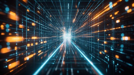 Abstract Blue and Orange Stripe Light, Futuristic Motion Blur Technology Concept with Fast Forward Timeline Background