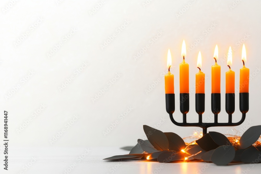 Poster a simple flat design of a menorah with glowing candles, placed against a white background