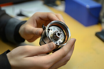 Hands holding a part in workshop