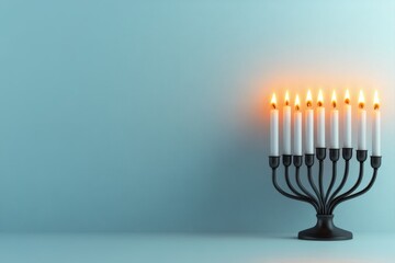 Fototapeta premium A simple flat design of a menorah with glowing candles, placed against a white background