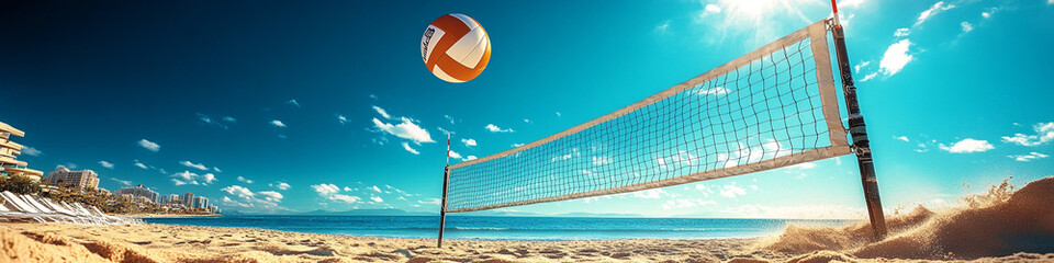A vibrant image of a volleyball flying over the net on a beach, with sand and net details clearly captured